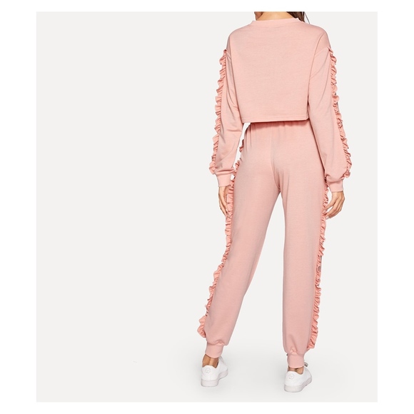 Pink Ruffle Trim Drawstring High Waist Sweatpants - Picture 2 of 6